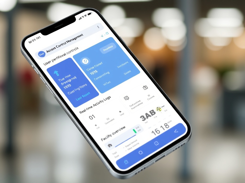 Mobile app interface showing access control management dashboard with user permissions and activity logs