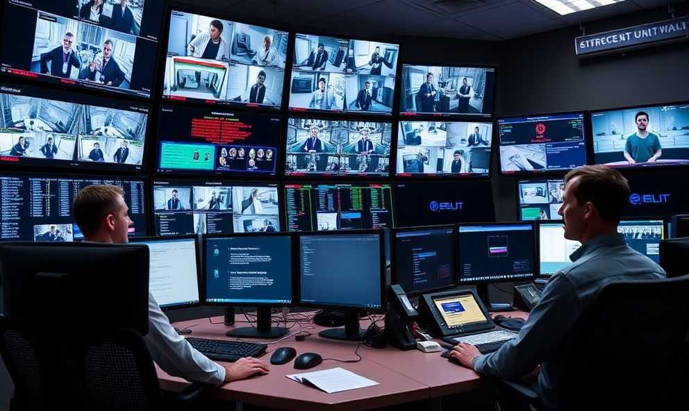 Professional security monitoring centre with operators and multiple display screens