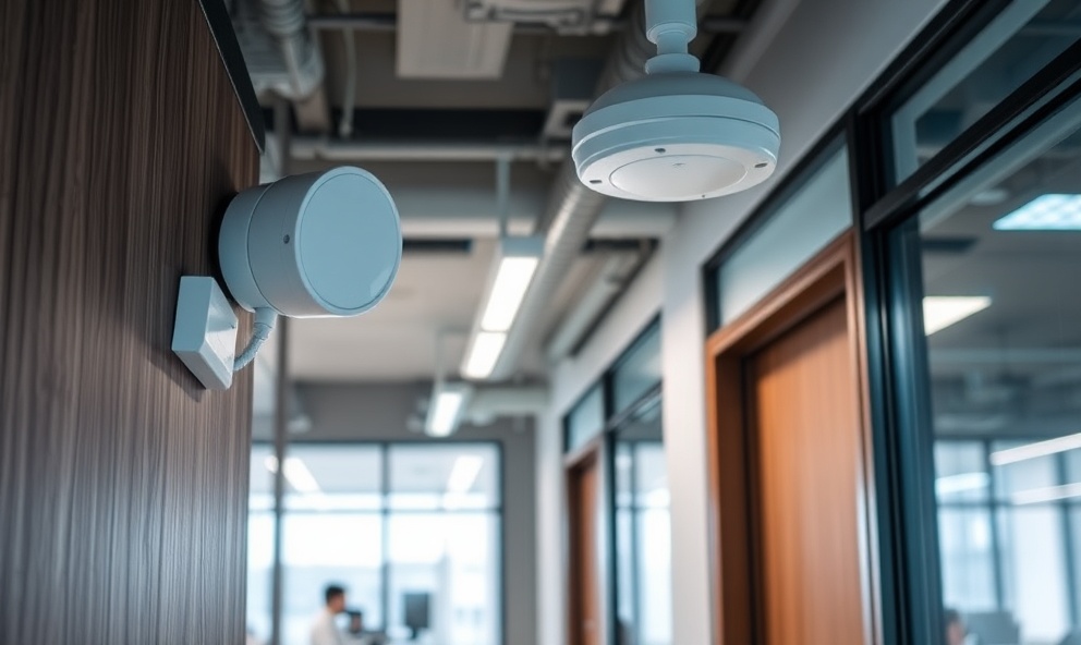 Intrusion detection sensors installed on windows and doors in modern office building
